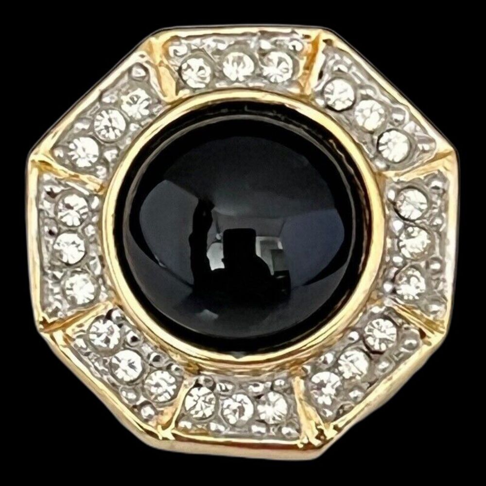 Vintage 1980s Pendant Gold Tone Black Cabochon Clear Rhinestone Halo - 13U
